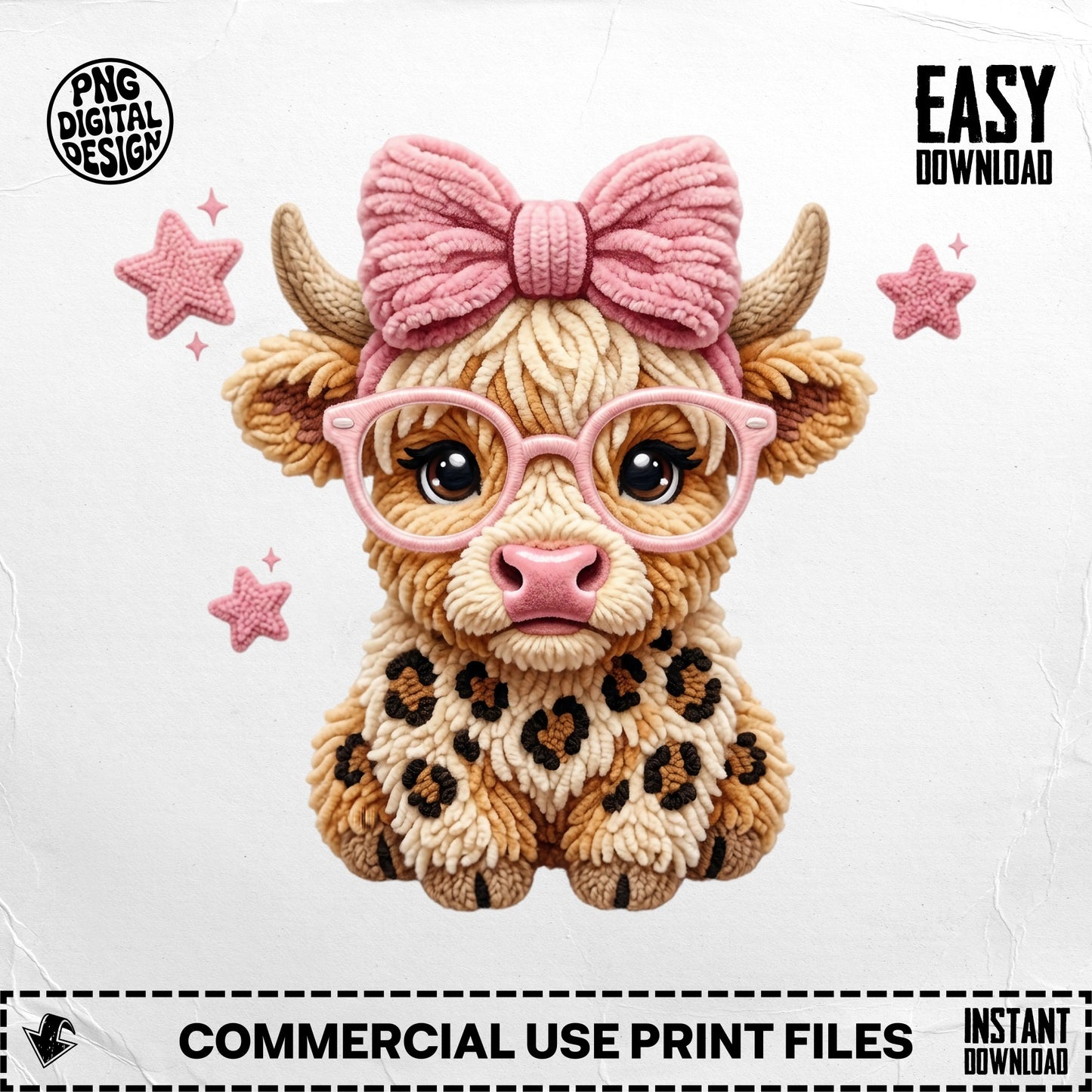 Cute cartoon cow with pink bow, glasses, and leopard print design.