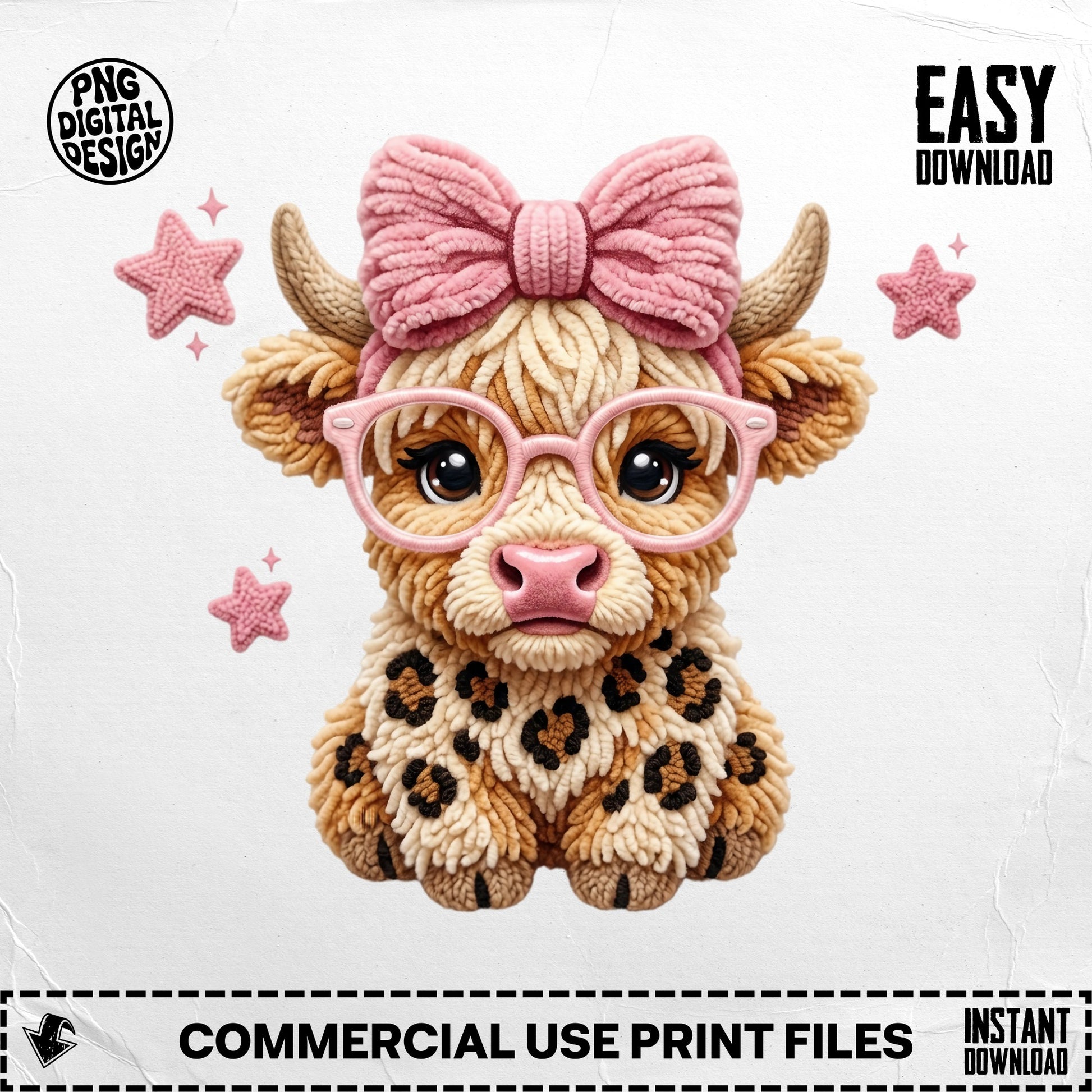 Cute cartoon cow with pink bow, glasses, and leopard print design.