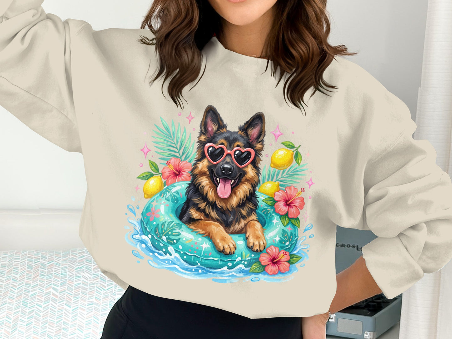 German Shepherd in heart sunglasses on float, with tropical leaves and flowers.