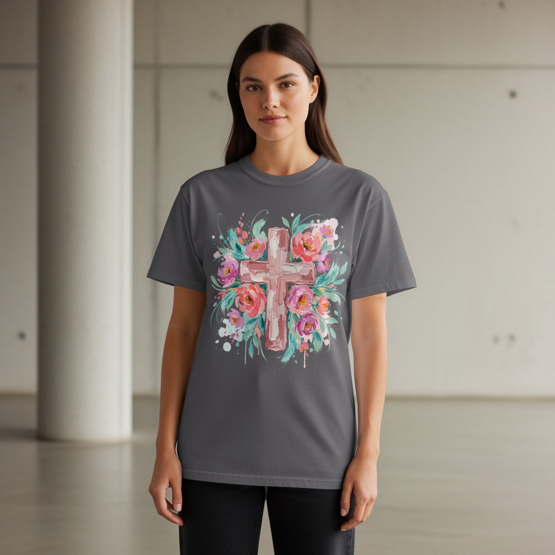 Dark gray t-shirt with a watercolor floral cross graphic.