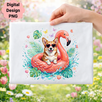 Corgi in flamingo float, surrounded by tropical leaves and butterflies.