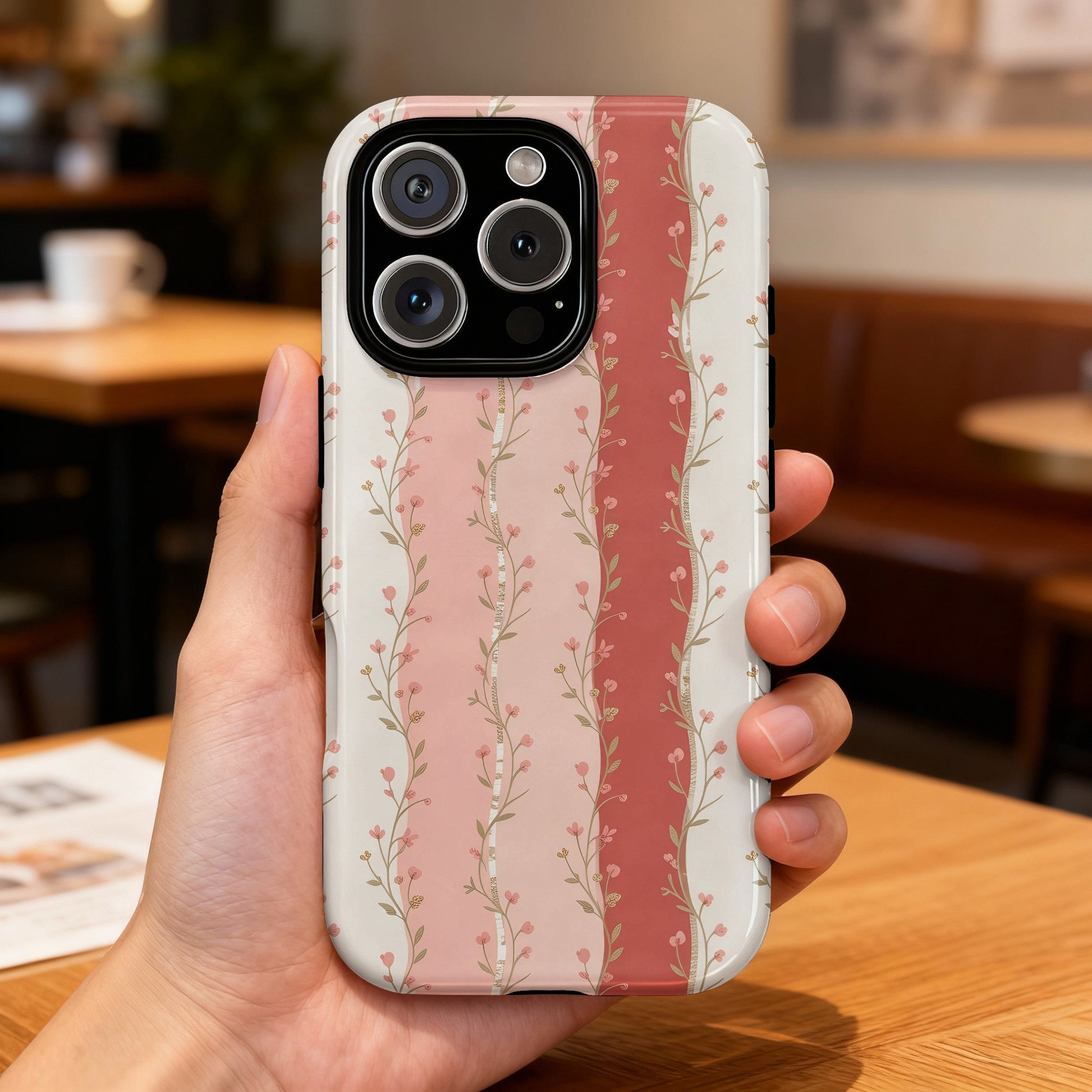Phone case with vertical pink floral stripes on a blurred background.