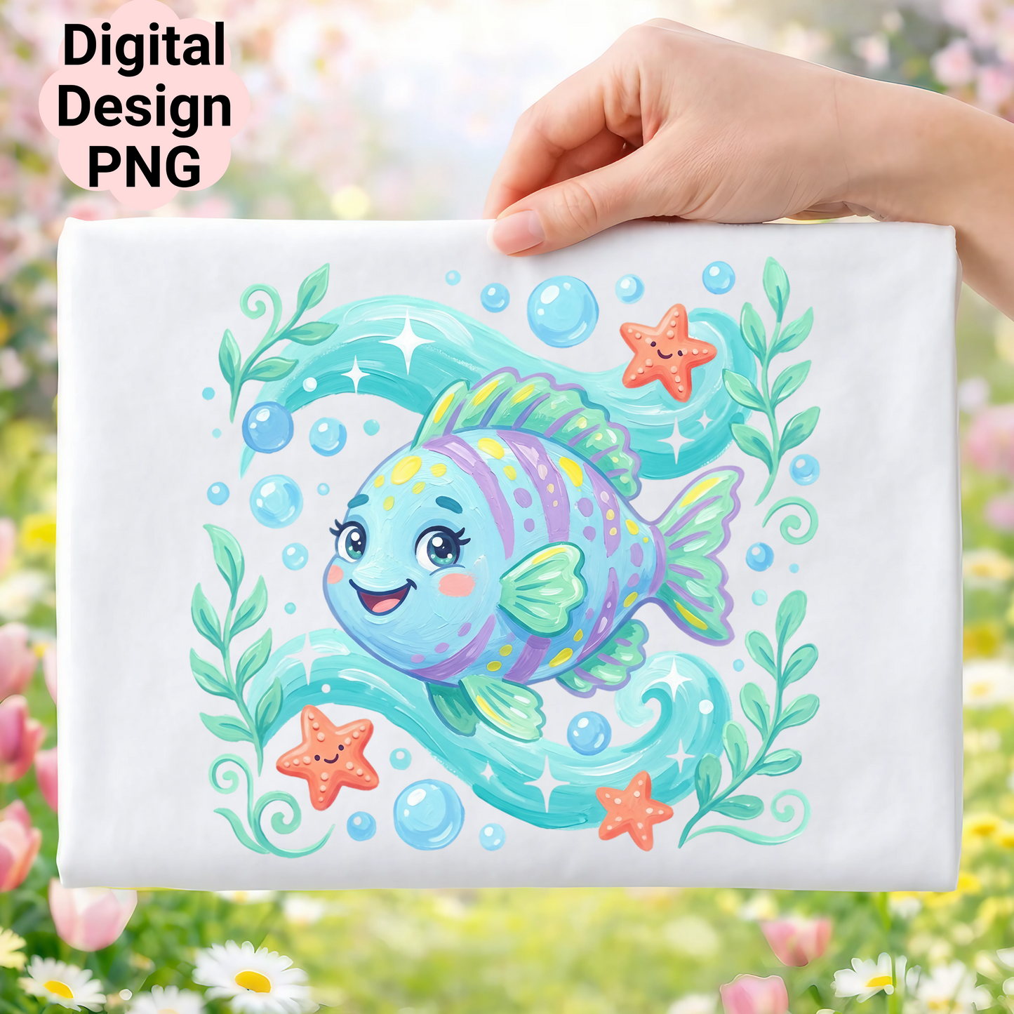 Cute cartoon fish with starfish and bubbles on white background.