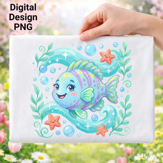 Cute cartoon fish with starfish and bubbles on white background.