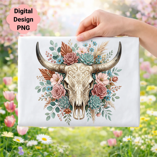 Bull skull with floral arrangement, hand holding product, outdoor background.