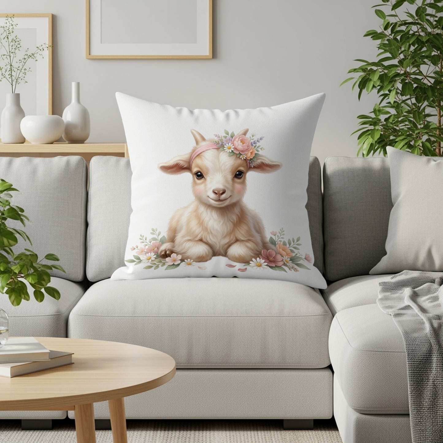 Baby goat wearing a flower crown on a pillow.