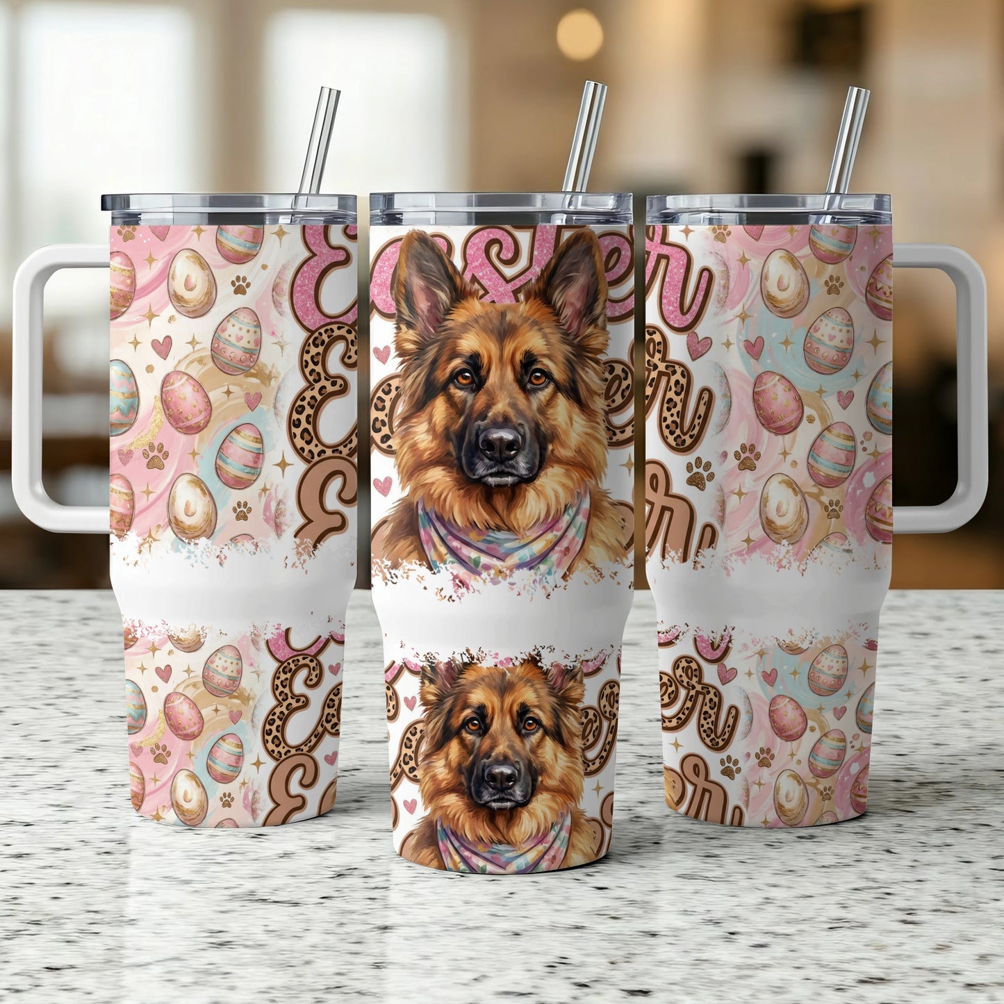 German Shepherd tumbler with Easter egg and leopard print design.