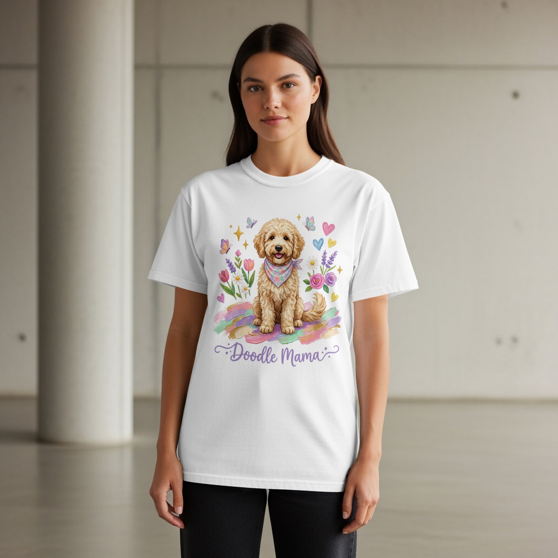 White t-shirt with watercolor doodle dog, flowers, and "Doodle Mama" text.
