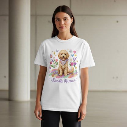 White t-shirt with watercolor doodle dog, flowers, and "Doodle Mama" text.