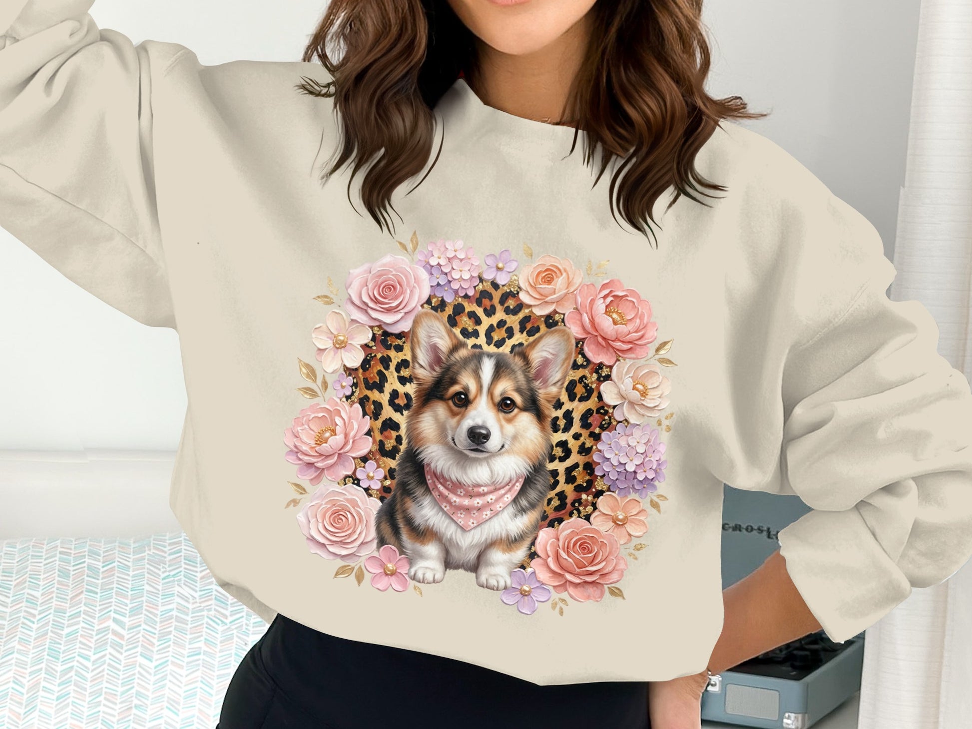 Corgi wearing bandana surrounded by floral and leopard print.