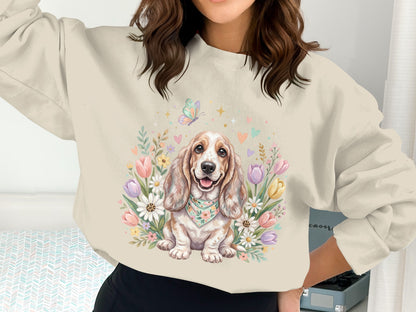 Dog wearing bandana in floral border with butterfly.