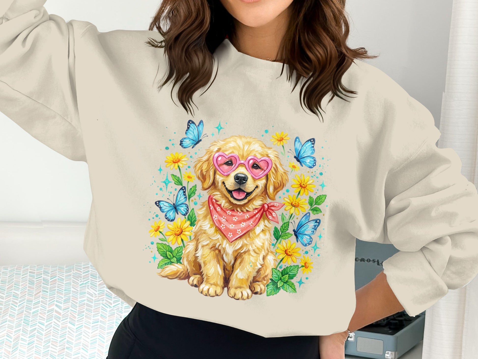 Golden retriever puppy wearing pink heart sunglasses and red bandana surrounded by flowers and butterflies.