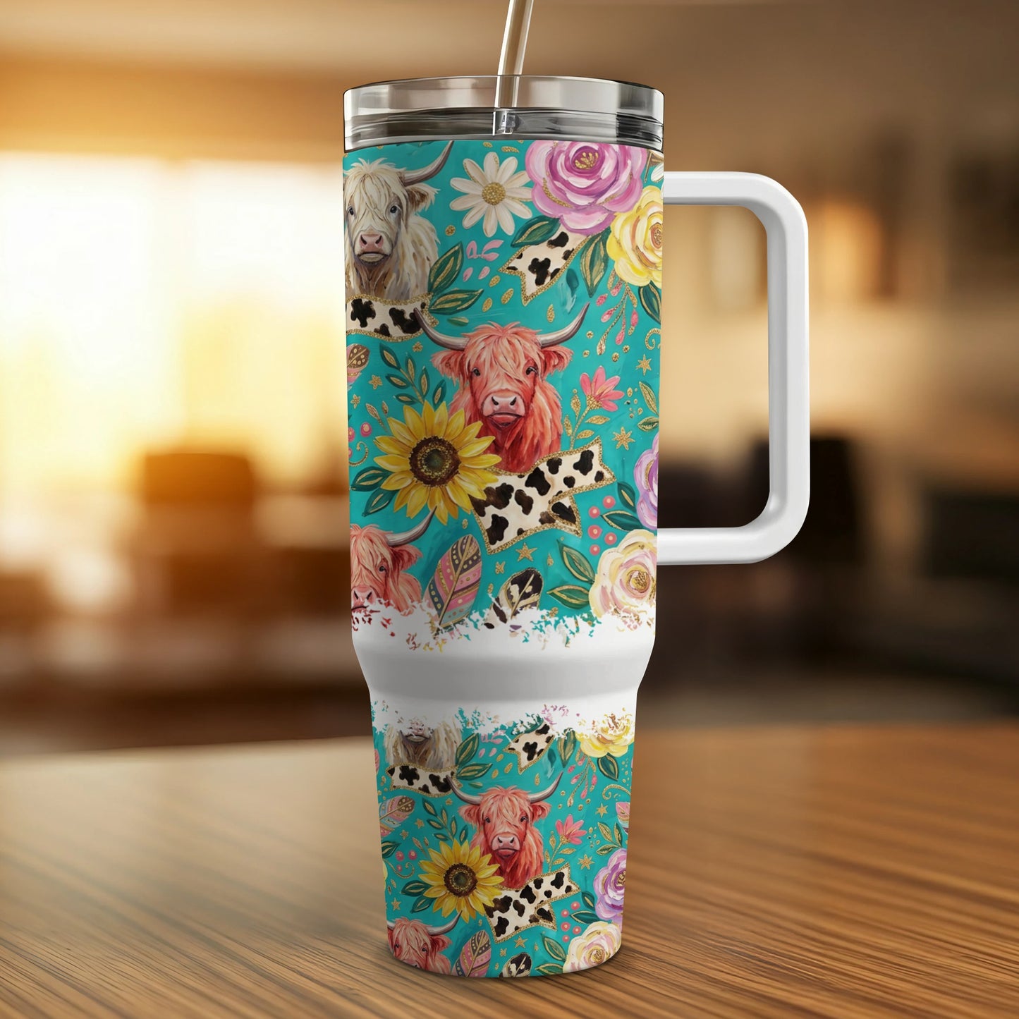 Teal tumbler with Highland cows, sunflowers, and roses.