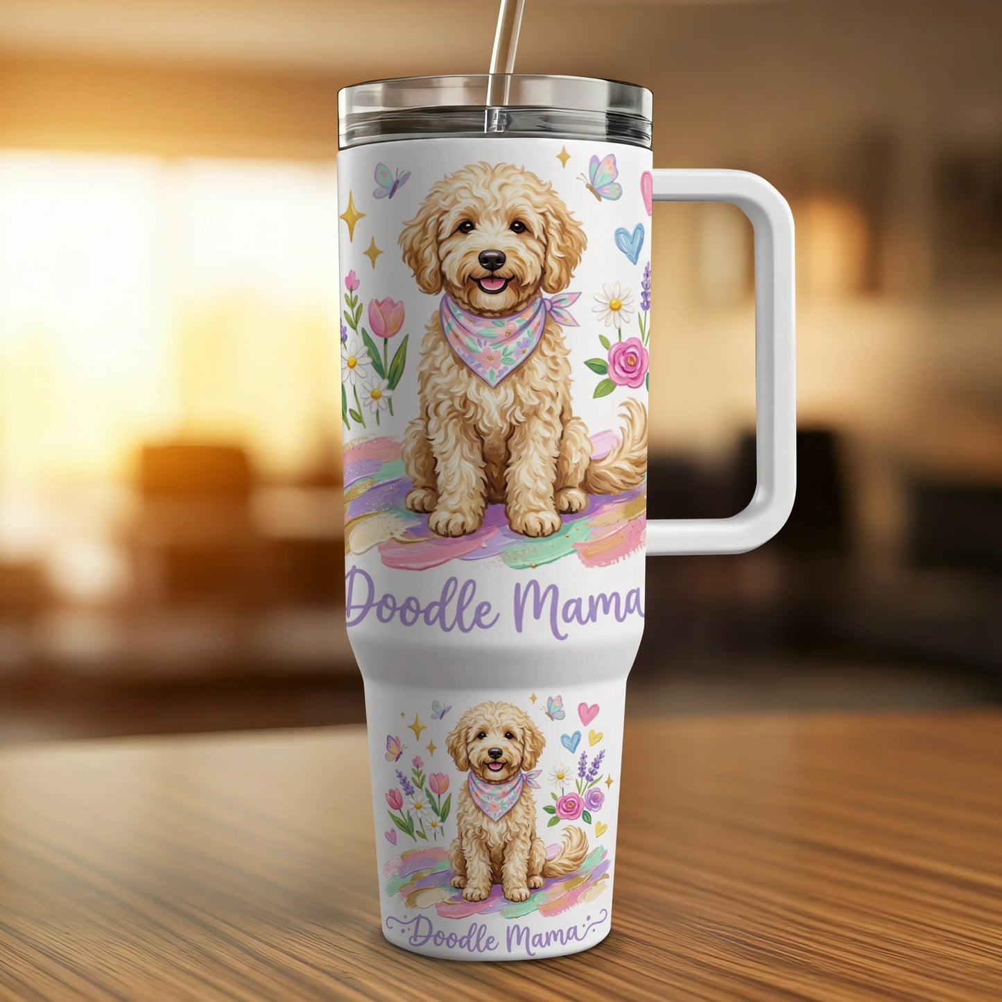 White tumbler with a doodle dog wearing a bandana, surrounded by flowers and butterflies.