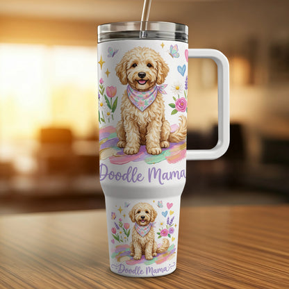 White tumbler with a doodle dog wearing a bandana, surrounded by flowers and butterflies.