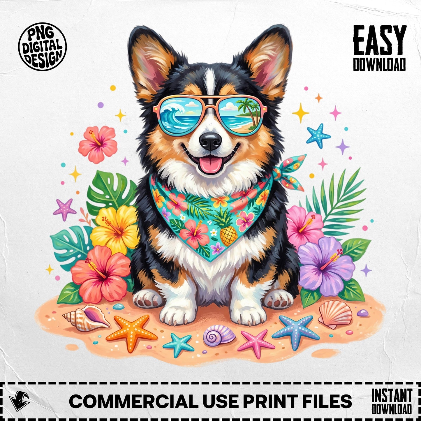 Corgi wearing sunglasses and bandana with tropical flowers and seashells.