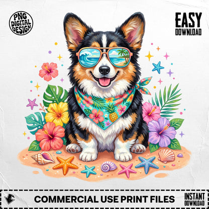 Corgi wearing sunglasses and bandana with tropical flowers and seashells.