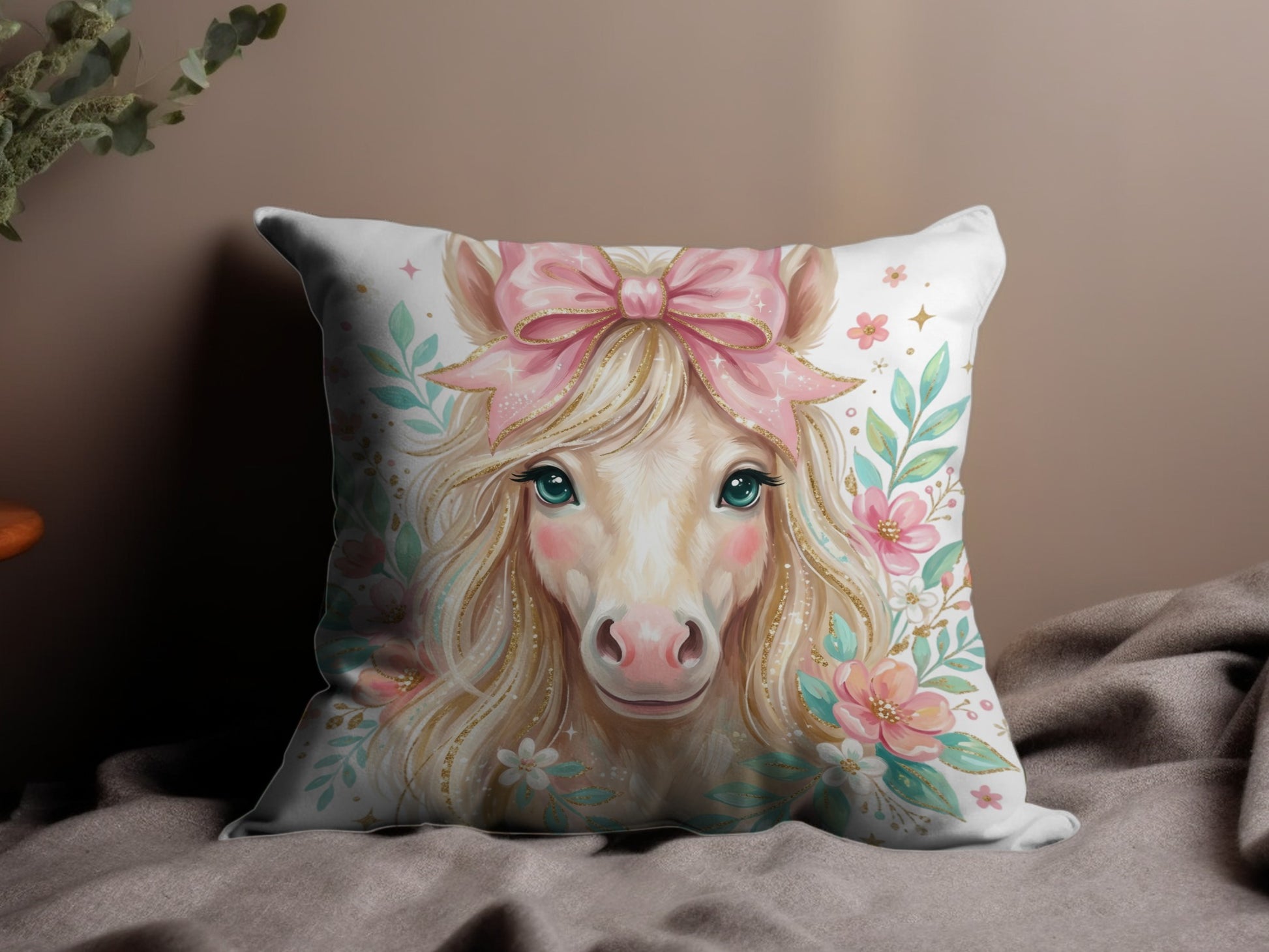 Close-up of a unicorn with a pink bow, surrounded by flowers.