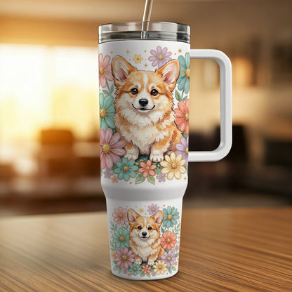 Corgi dog and flowers design on a white tumbler with handle.