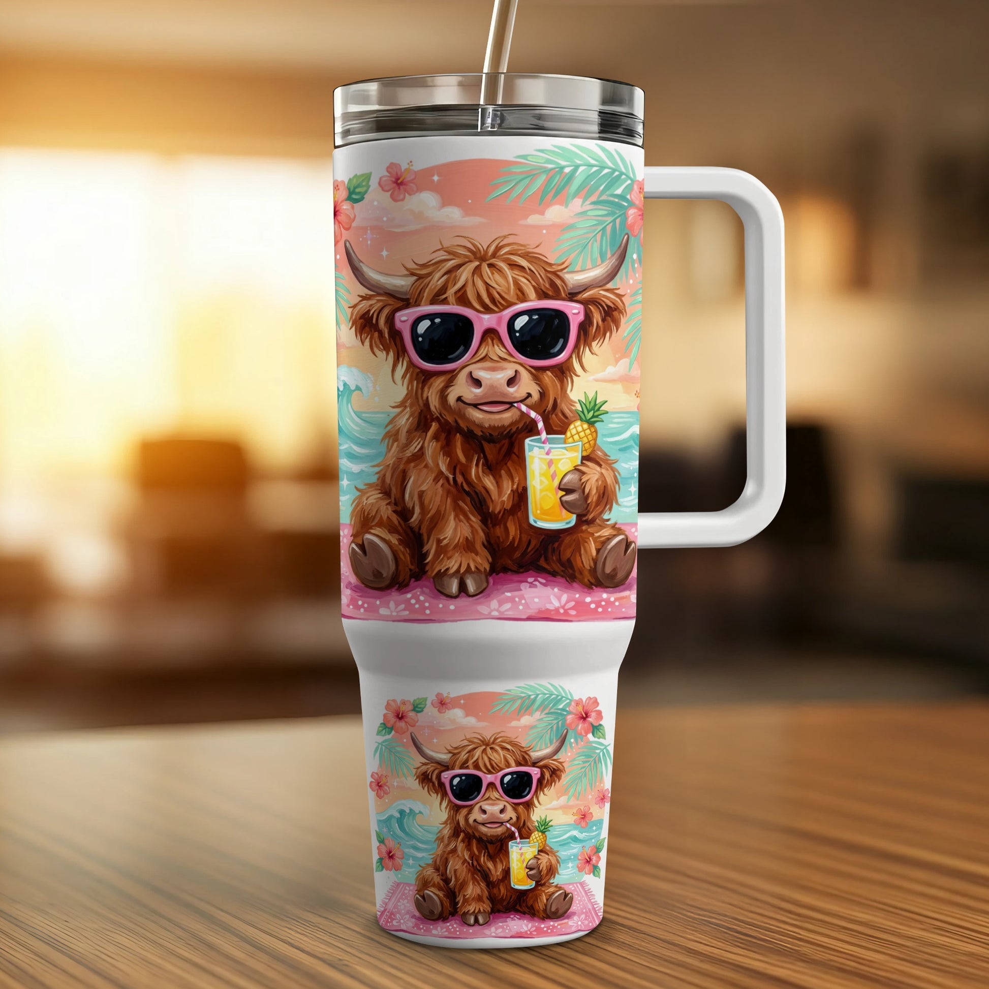 Highland cow wearing sunglasses and holding pineapple drink on beach.