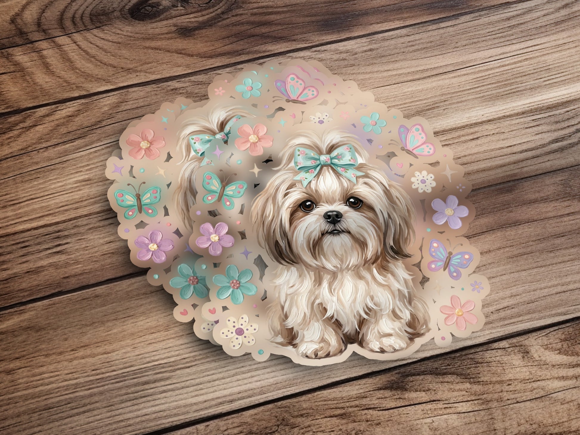 Fluffy white Shih Tzu puppy with blue bow sits among flowers and butterflies.