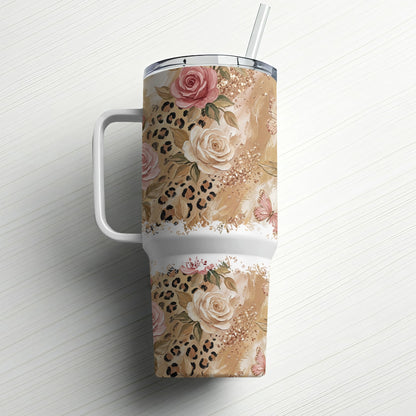 Floral leopard print tumbler with straw and handle.