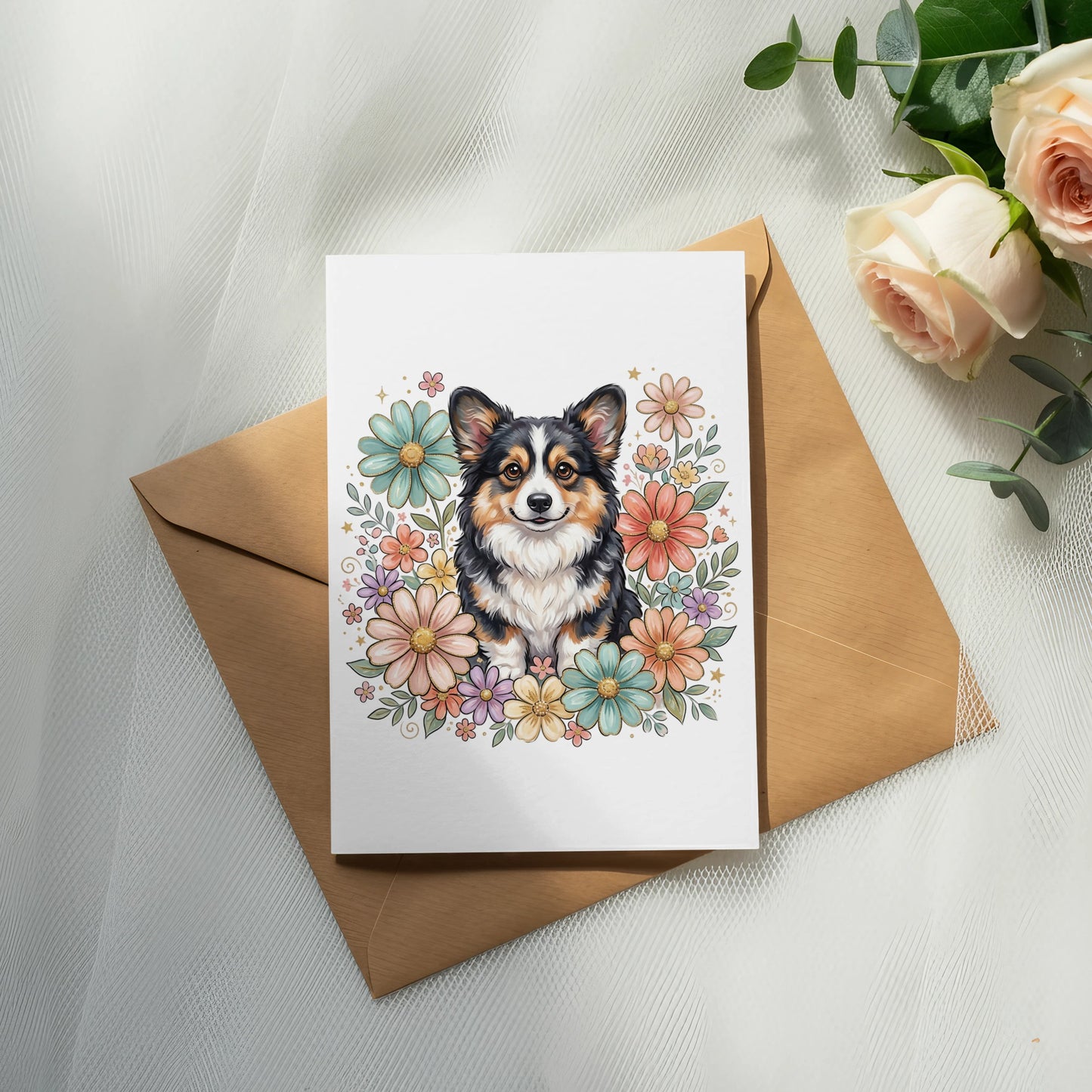 Card with a corgi surrounded by colorful flowers, placed on a brown envelope.