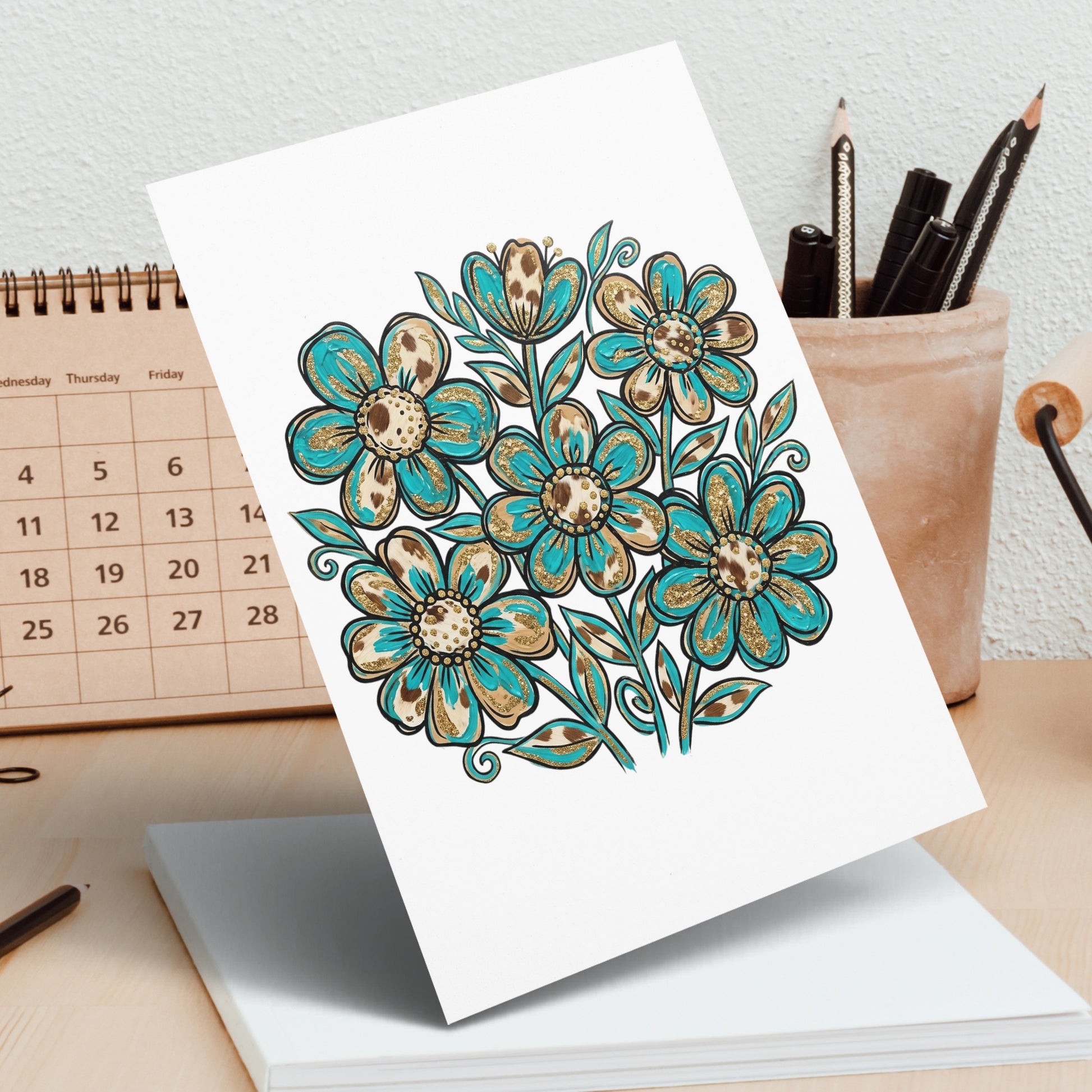 Floral bouquet design with teal, gold, and brown accents.