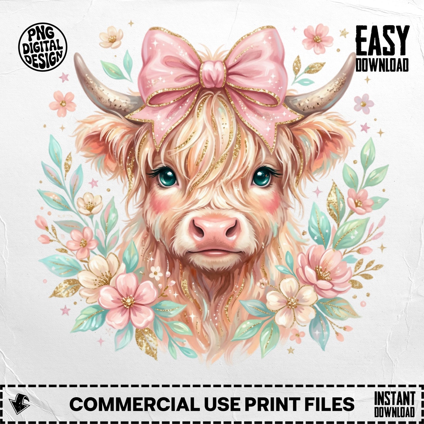 Highland cow with pink bow and flowers, surrounded by gold glitter.