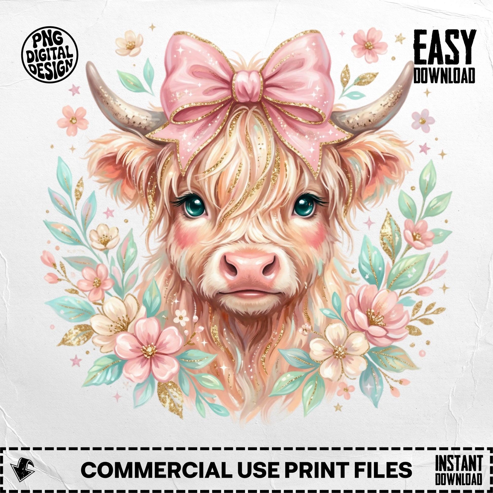 Highland cow with pink bow and flowers, surrounded by gold glitter.