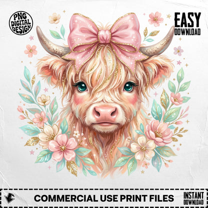 Highland cow with pink bow and flowers, surrounded by gold glitter.