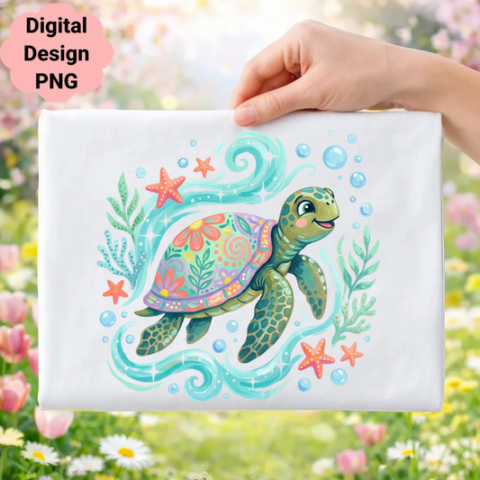 Cute cartoon sea turtle with colorful floral pattern, surrounded by bubbles and starfish.