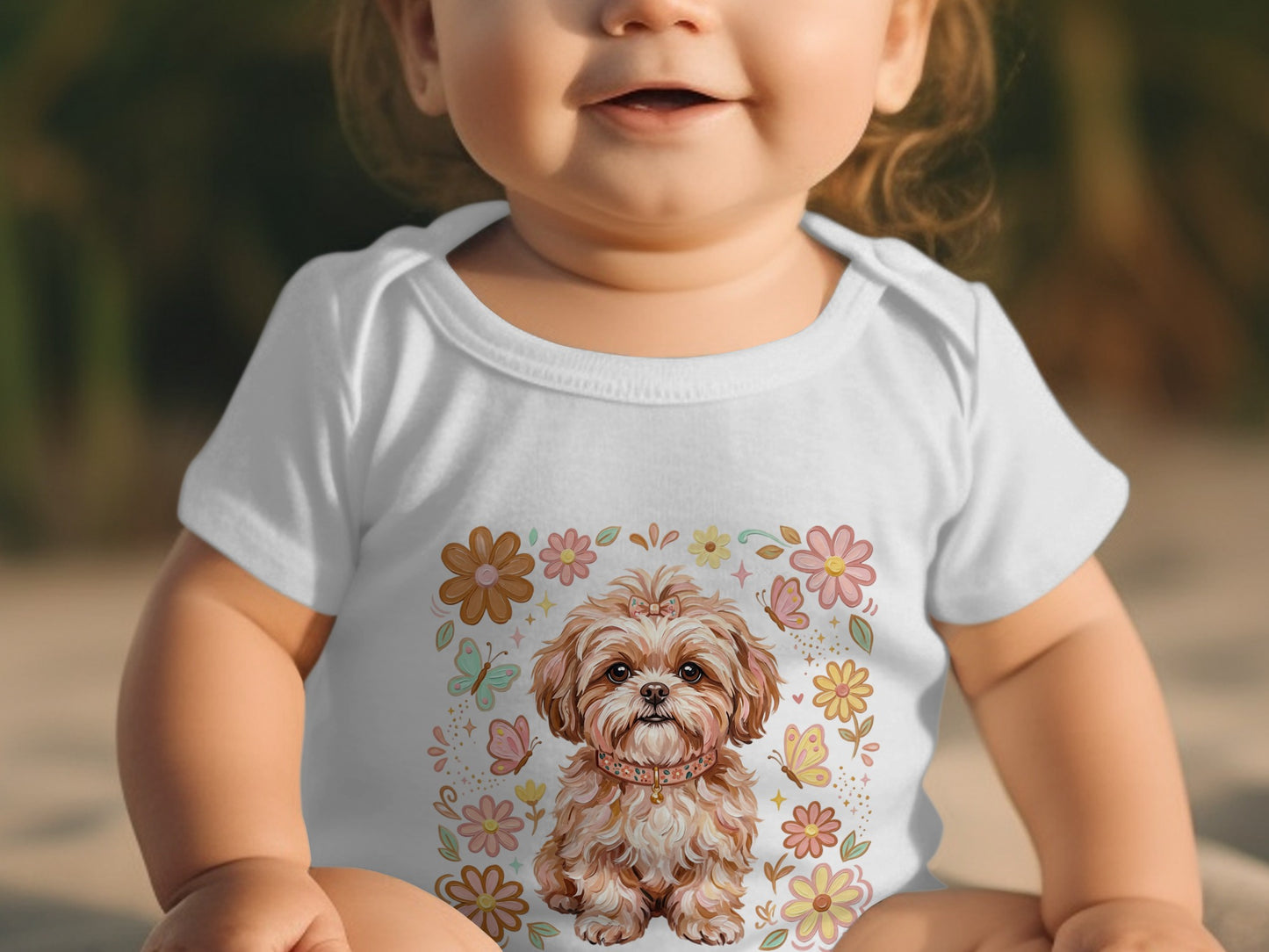 Baby wearing white onesie with a cartoon dog and flowers print.