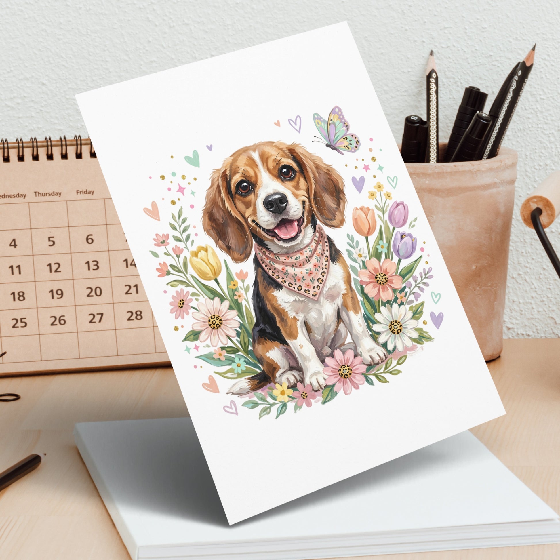 Beagle puppy wearing bandana surrounded by pastel flowers and butterflies.