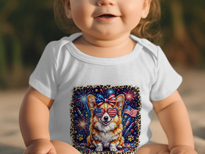 Baby in white onesie with patriotic corgi graphic wearing sunglasses.
