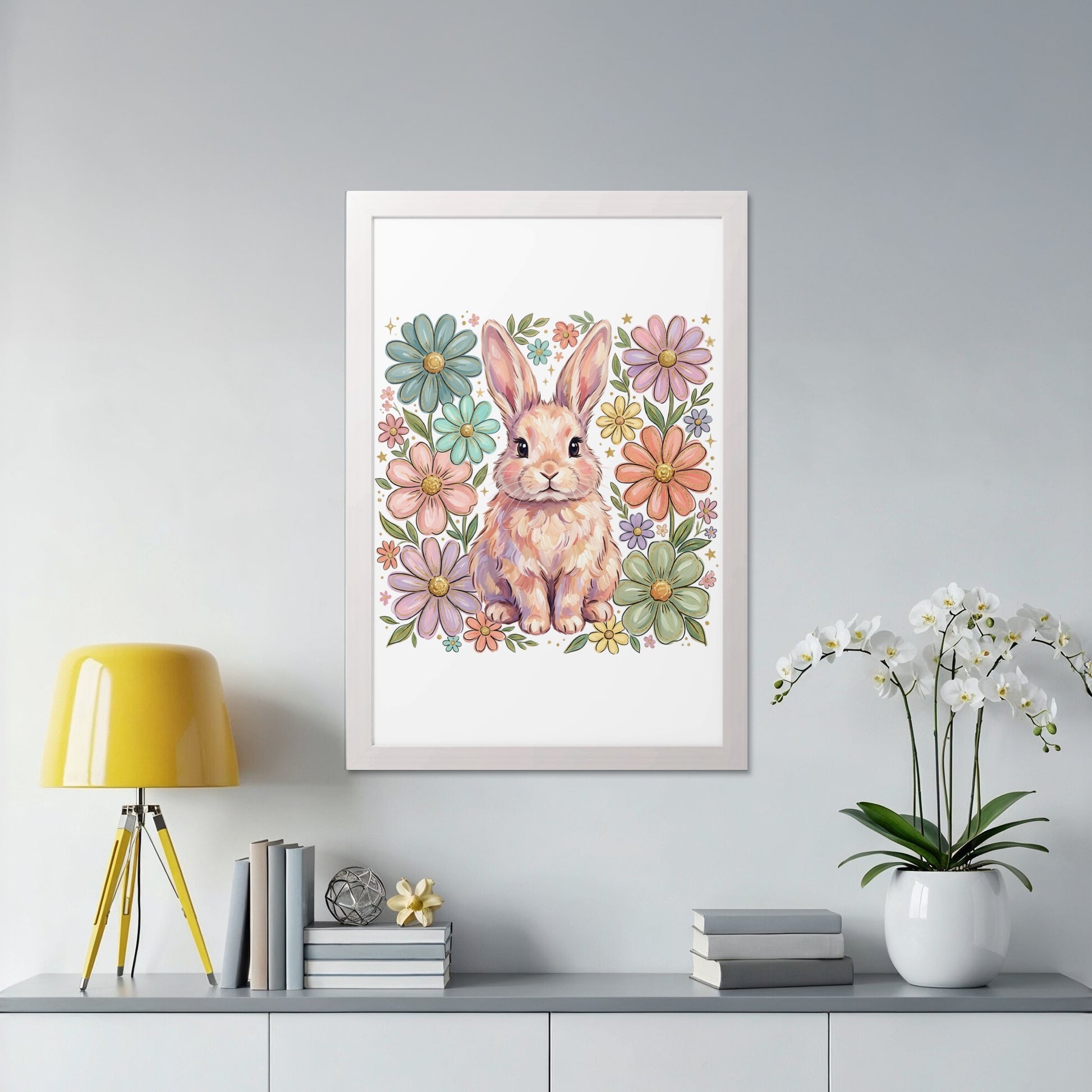 Whimsical framed art of a pastel bunny surrounded by colorful flowers.