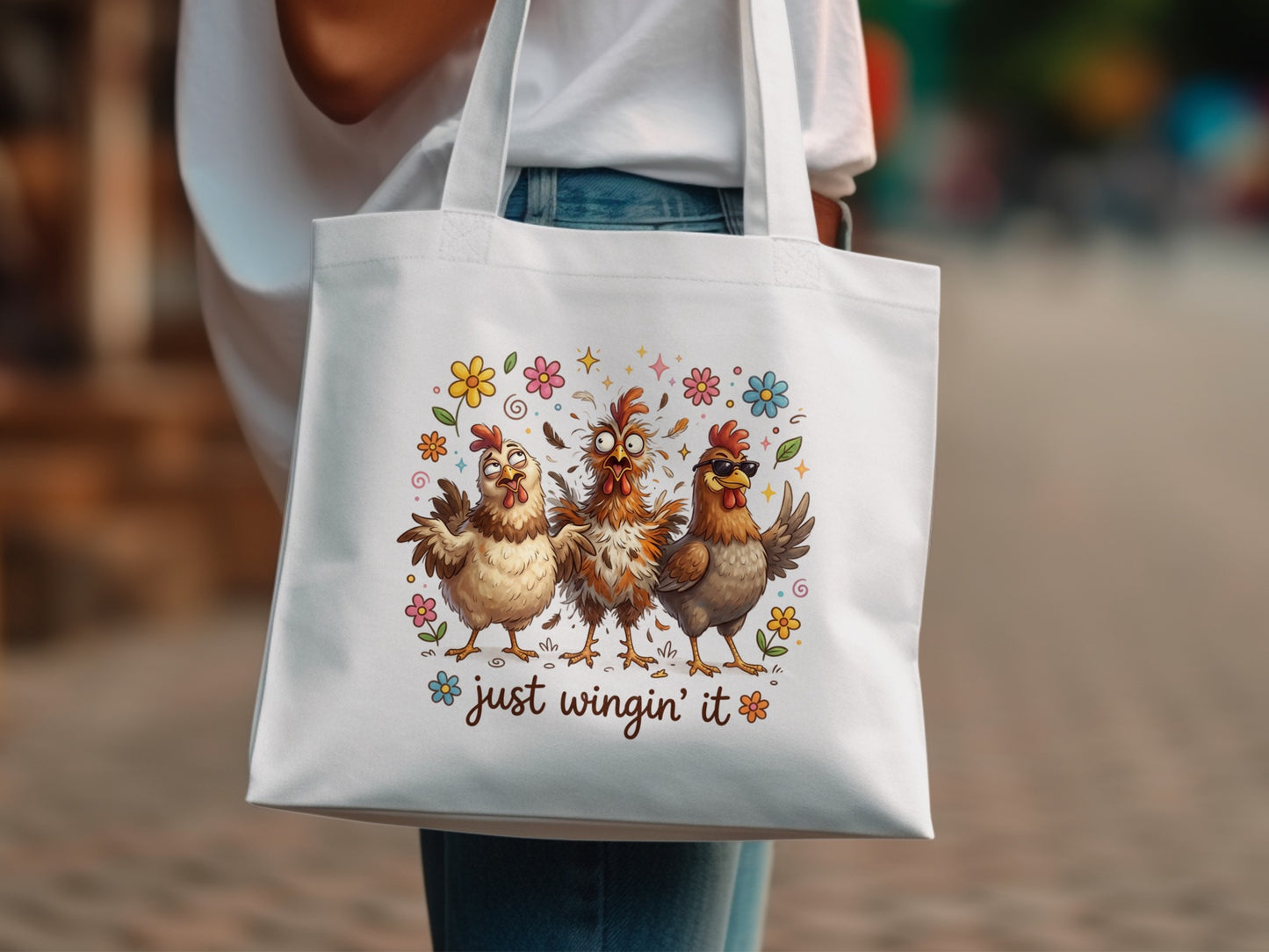 Three cartoon chickens with flowers and sunglasses, saying "just wingin' it".