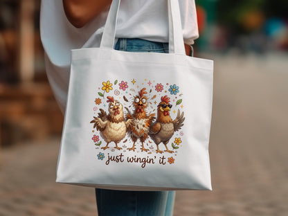 Three cartoon chickens with flowers and sunglasses, saying "just wingin' it".