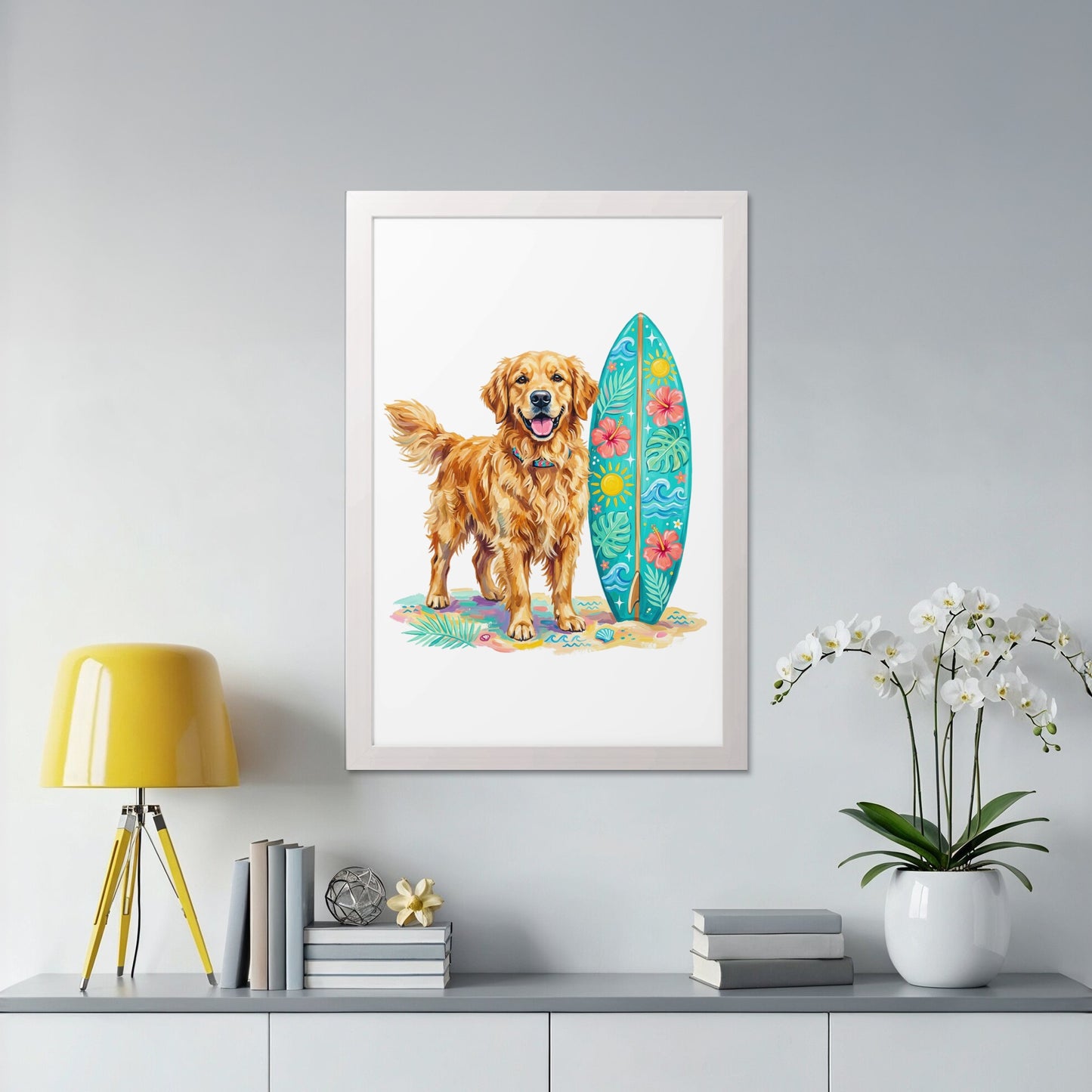Golden retriever dog stands next to a surfboard on a beach.