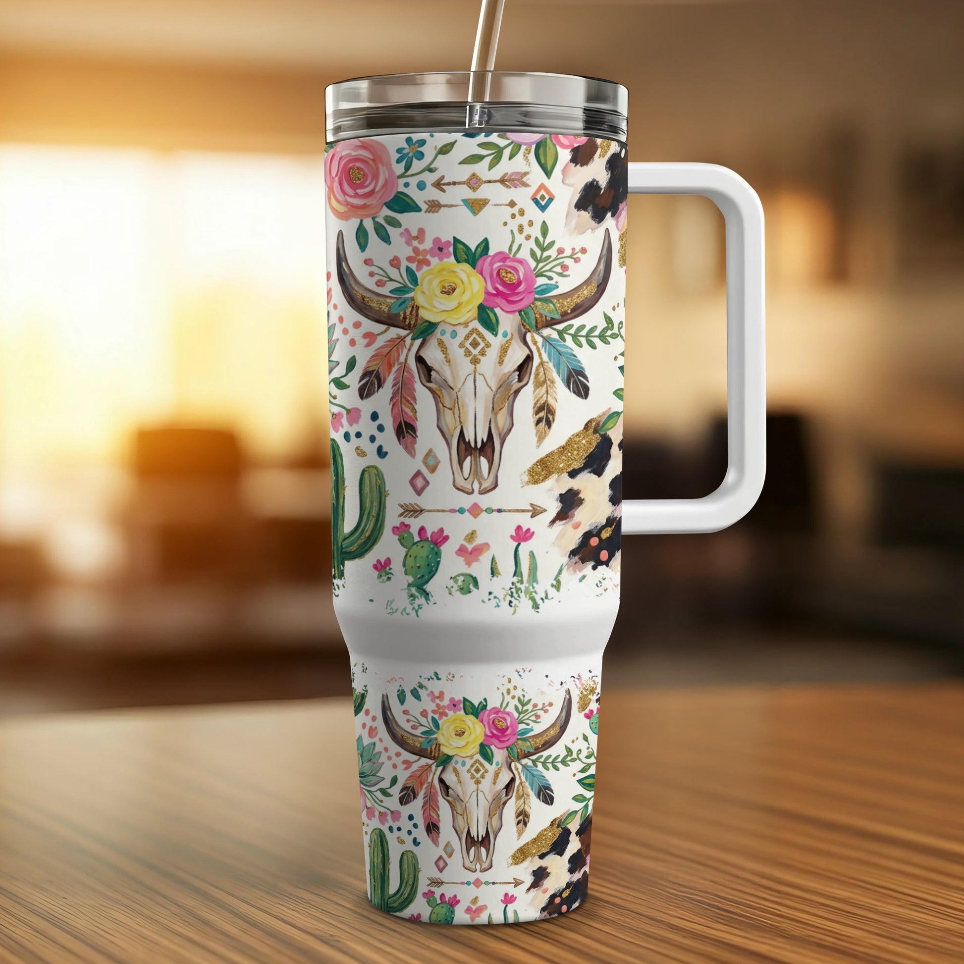 Cow skull with floral and cactus pattern, double-walled tumbler with handle.