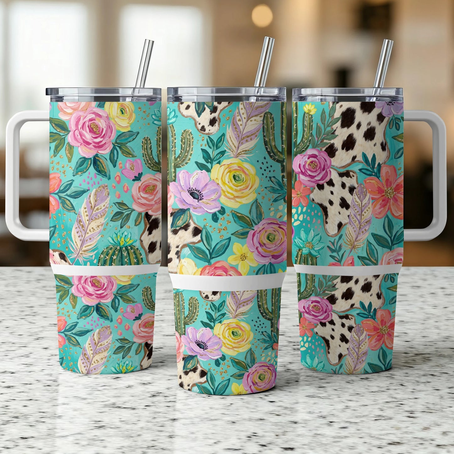 Three tumblers with floral, cactus, and cow print designs.