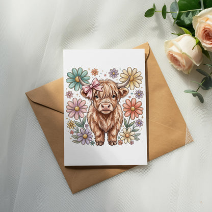 Highland cow with pink bow and colorful flowers on a card.
