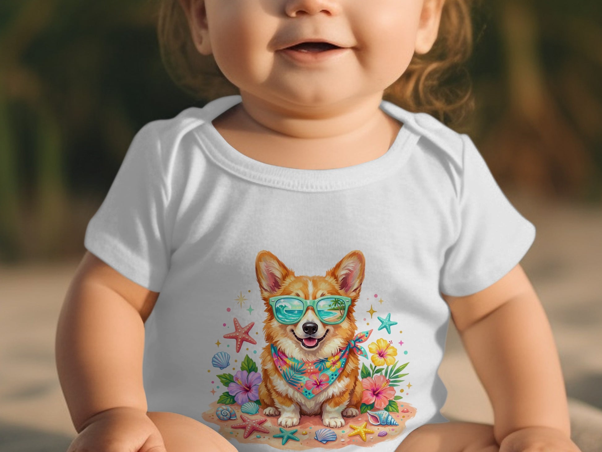 Baby in white onesie with a smiling corgi wearing sunglasses.