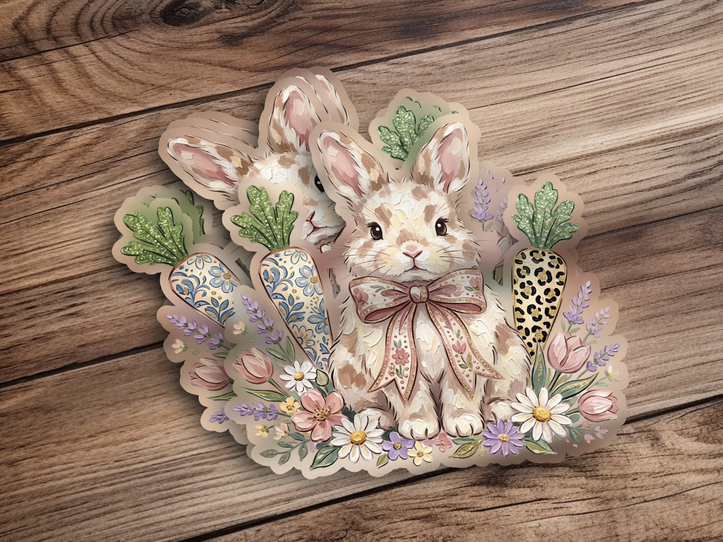 Bunny with bow tie and carrots surrounded by flowers.