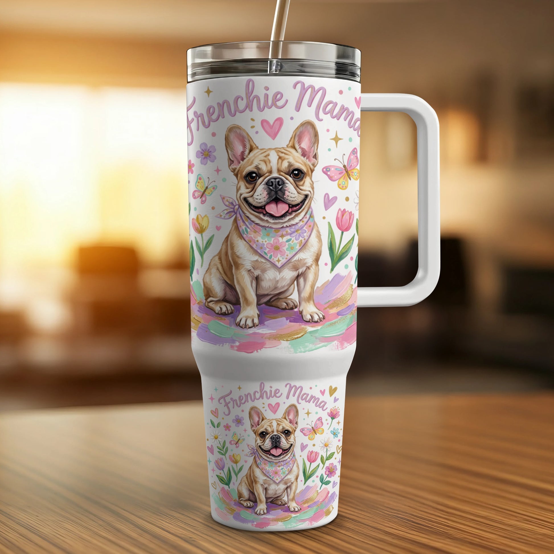 Frenchie Mama tumbler with French bulldog, flowers, and butterflies.