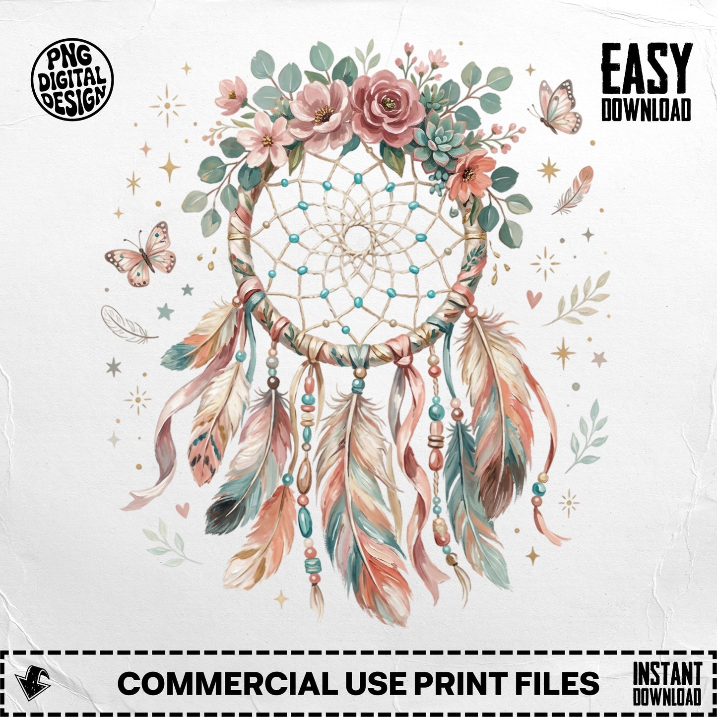 Dreamcatcher with feathers, flowers, and butterflies, "Easy Download" text.
