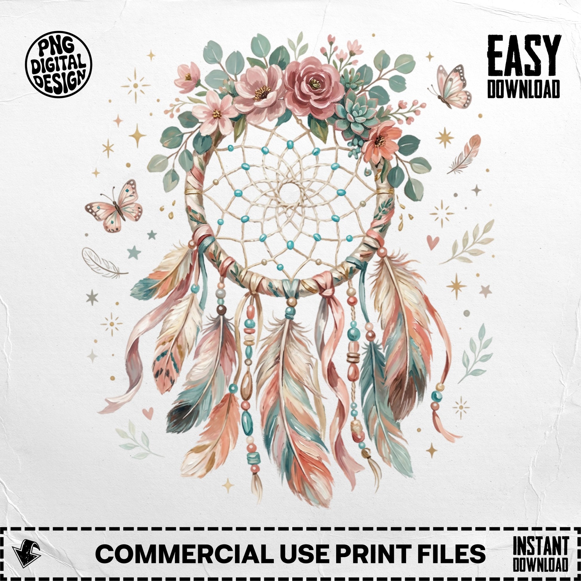 Dreamcatcher with feathers, flowers, and butterflies, "Easy Download" text.