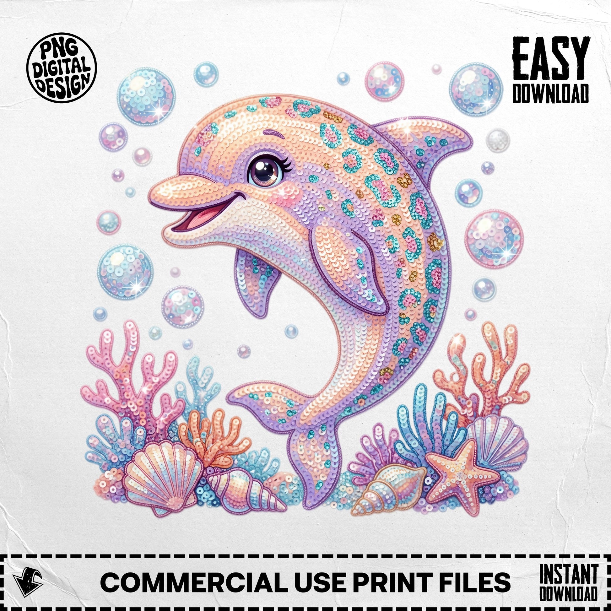 Cute dolphin with sequin pattern surrounded by coral and seashells.