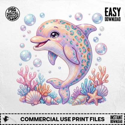 Cute dolphin with sequin pattern surrounded by coral and seashells.