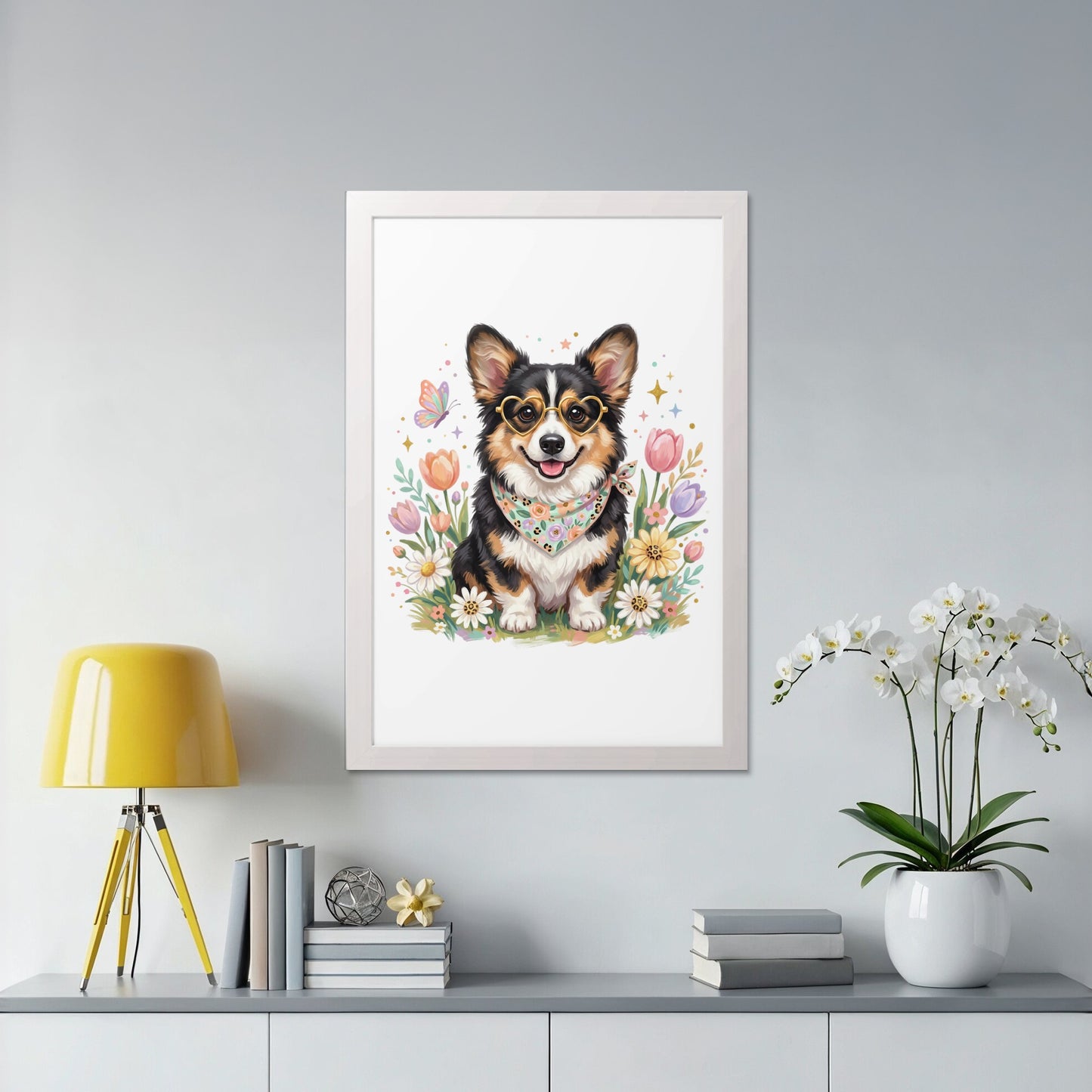Framed watercolor of a happy corgi wearing heart glasses and a bandana.